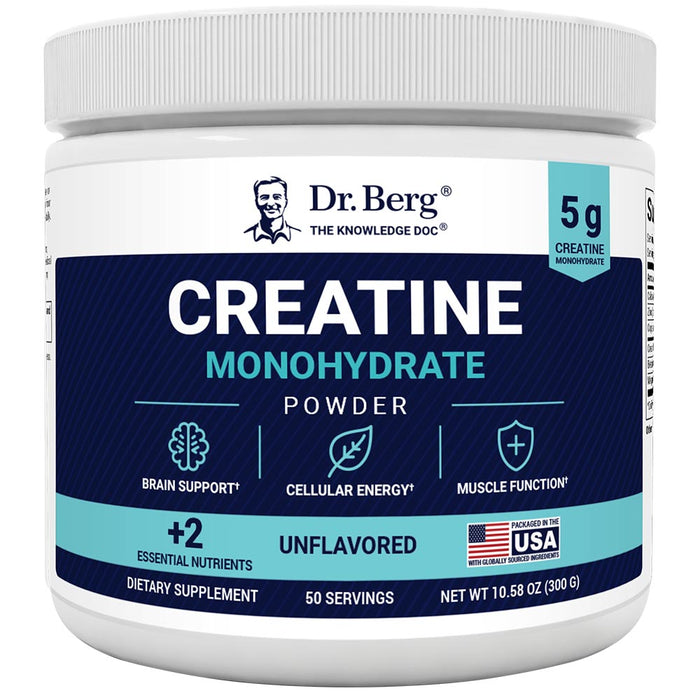Creatine Monohydrate Powder, Unflavored, 50 Servings, 10.58 ounces, front view, bottle with Dr. Berg branding.