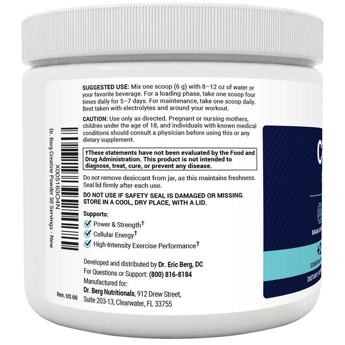 Creatine Monohydrate Powder, Unflavored, 50 servings bottle label, left side view, suggested use instructions, safety warning details.