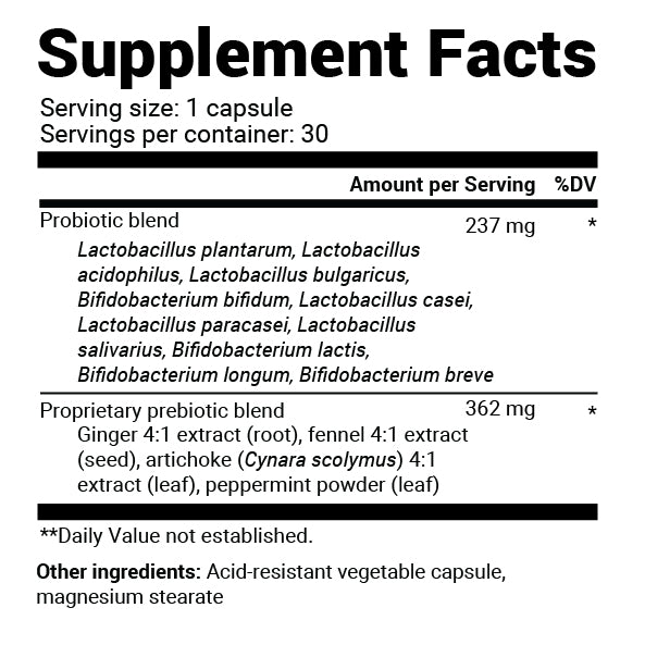 Close-up view of Probiotics supplement fact label.