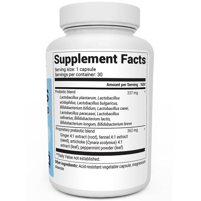 Probiotics bottle label, right side view, supplement facts.