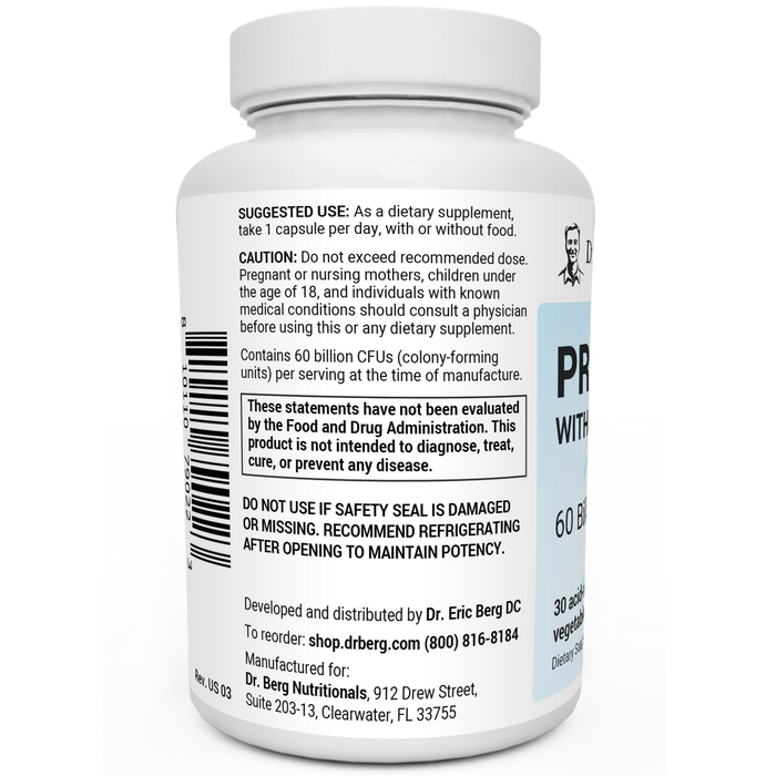 Probiotics bottle label, left side view, suggested use instructions, safety warning details.