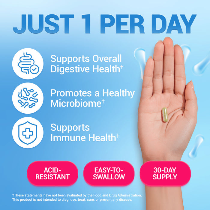 Hand holding a single supplement pill with overlay text highlighting benefits: “Just 1 Per Day,” “Acid-resistant,” “Easy-to-swallow,” and “30-day supply.” Text also notes it supports overall digestive health, promotes a healthy microbiome, and supports immune health.