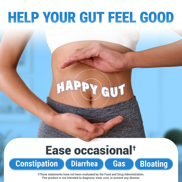 Person holding their stomach, with text reading: 'Help Your Gut Feel Good' and mentioning relief from constipation, diarrhea, gas, and bloating.