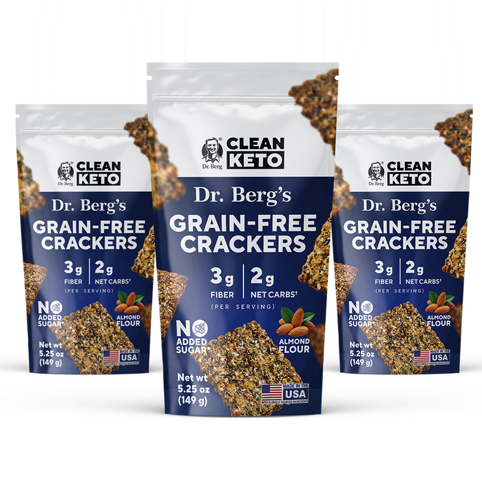 Three packages of Dr. Berg's Grain-Free Crackers.