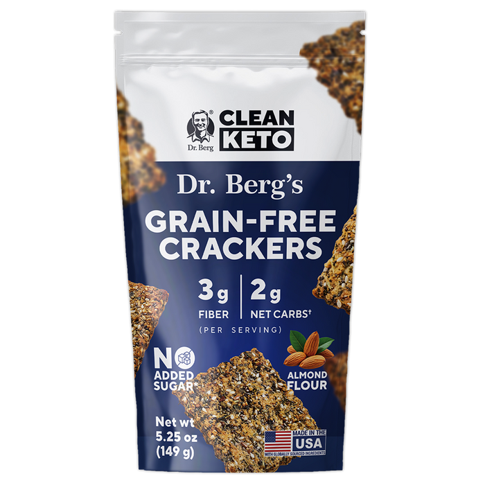 Bag of Dr. Berg’s Grain-Free Crackers with Clean Keto branding and crackers pictured on the front.
