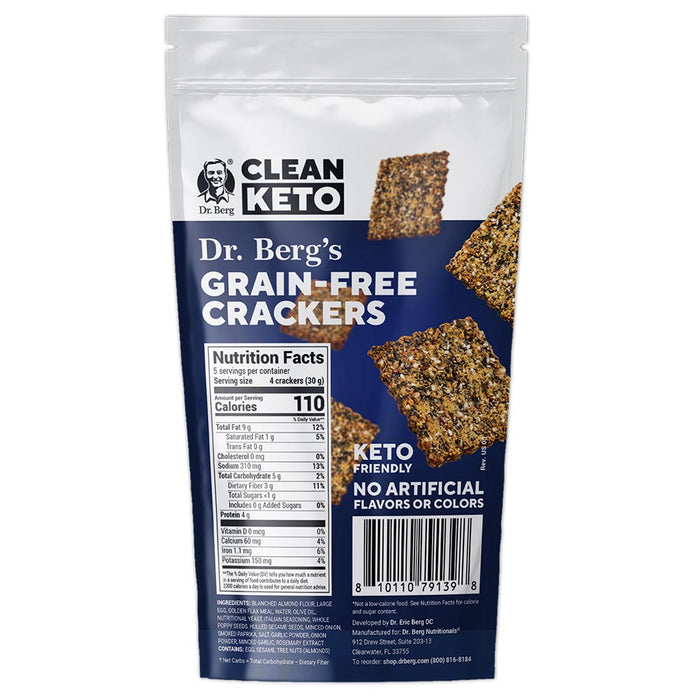 Back of Dr. Berg’s Grain-Free Crackers bag showing the nutrition facts, ingredients, and barcode.