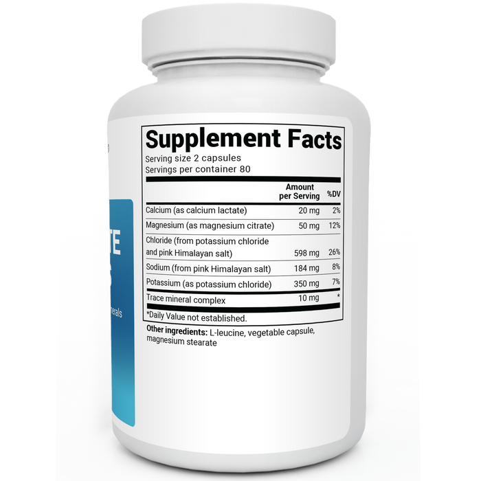 Electrolyte Capsules bottle label, right side view, supplement facts.