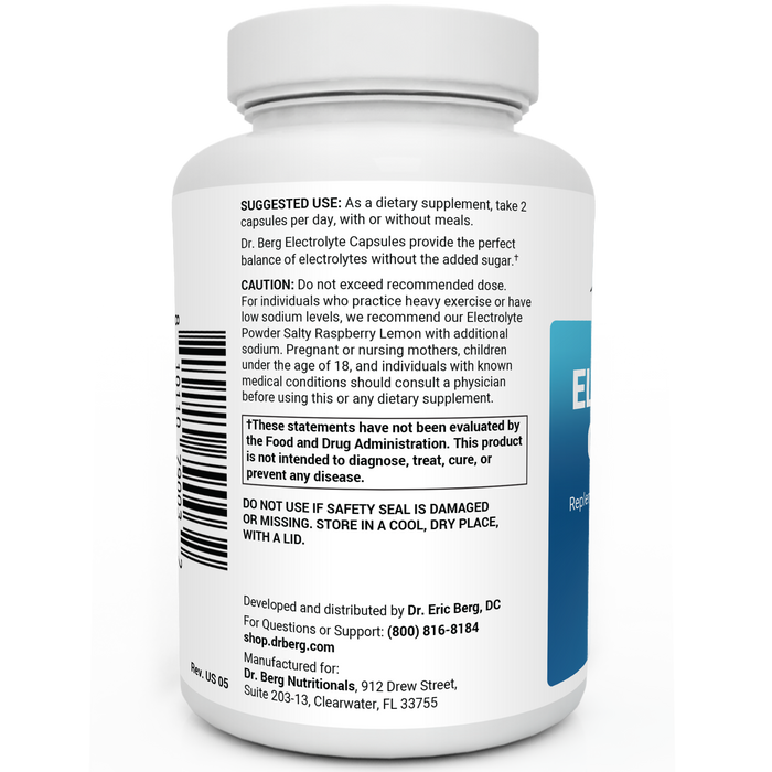 Electrolyte Capsules bottle label, left side view, suggested use instructions, safety warning details.