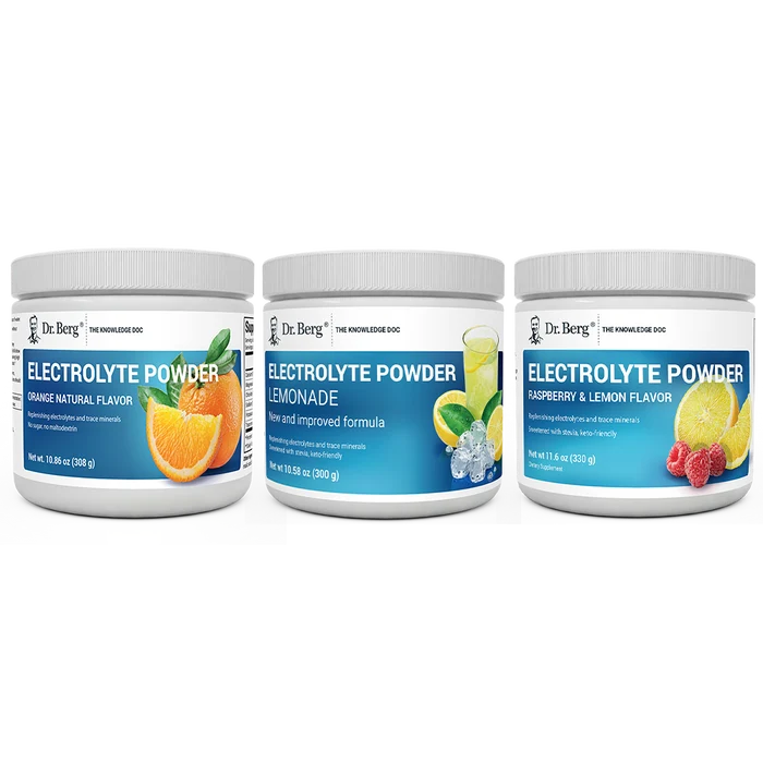 Dr. Berg's Electrolyte Bundle: 3 supplement bottles.