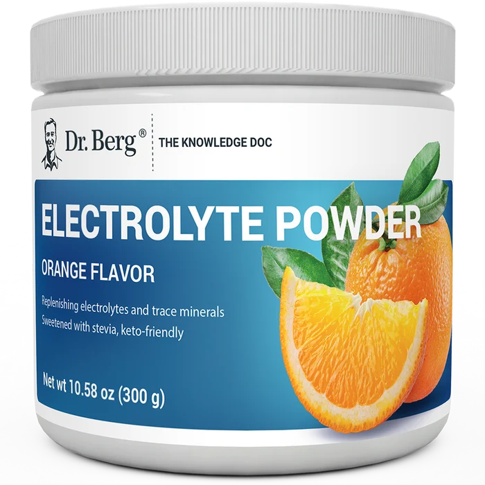 Electrolyte Powder, Orange Flavor, 50 Servings, 10.58 ounces, front view, bottle with Dr. Berg branding and an orange slice on the cover.