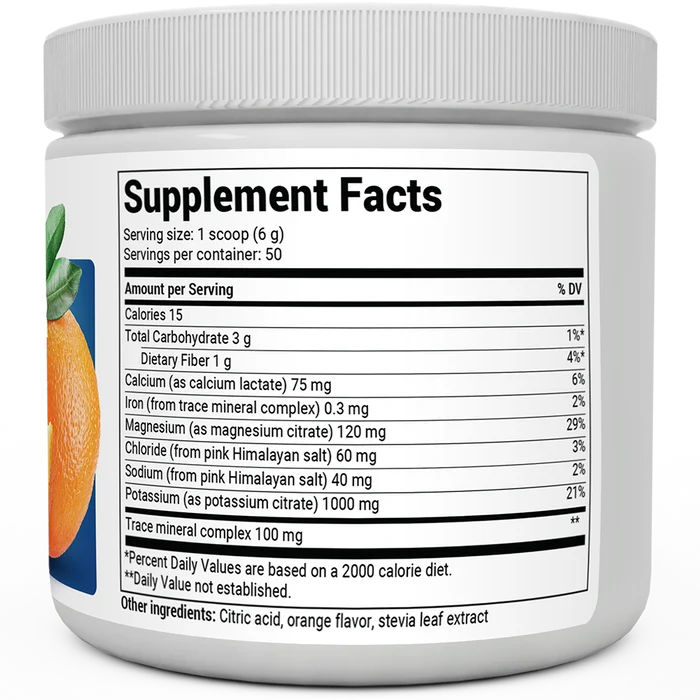 Electrolyte Powder, Orange Flavor bottle label, right side view, supplement facts.