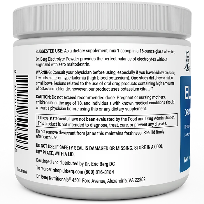 Electrolyte Powder, Orange Flavor bottle label, left side view, suggested use instructions, safety warning details.