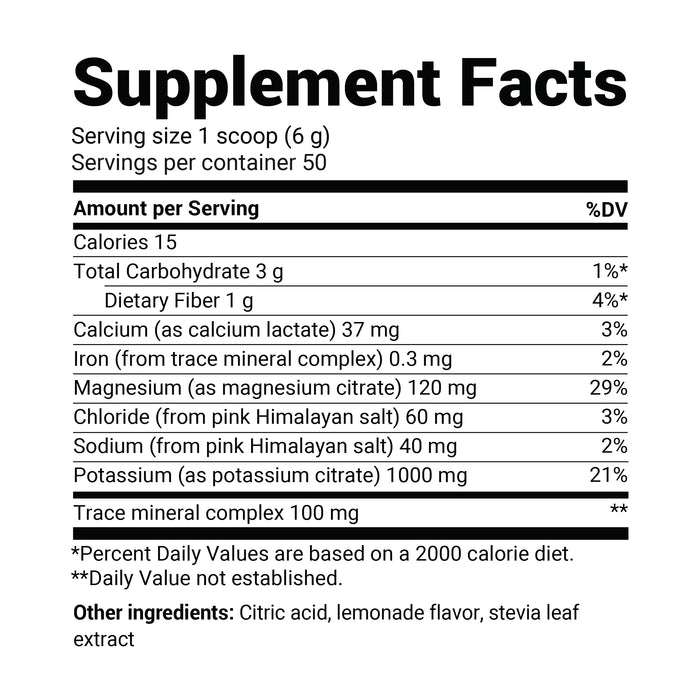 Close-up of the lemonade flavor Electrolyte Powder supplement facts label.