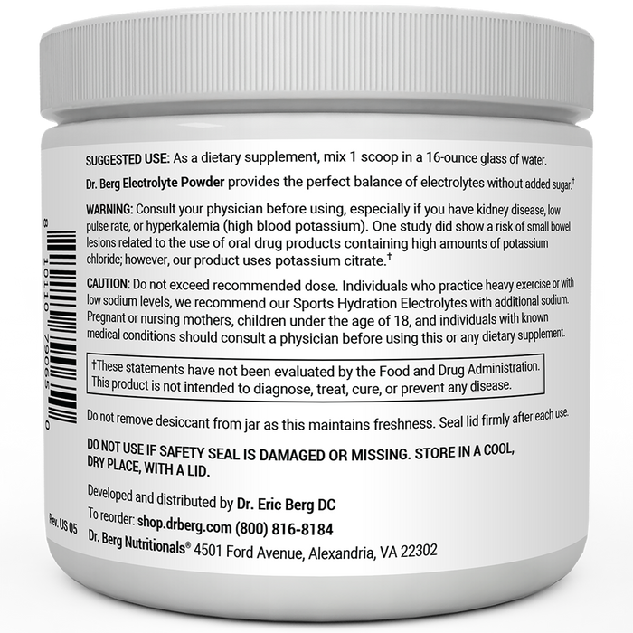 Electrolyte Powder, Lemonade Flavor 50 Servings bottle label, left side view, suggested use instructions, safety warning details.