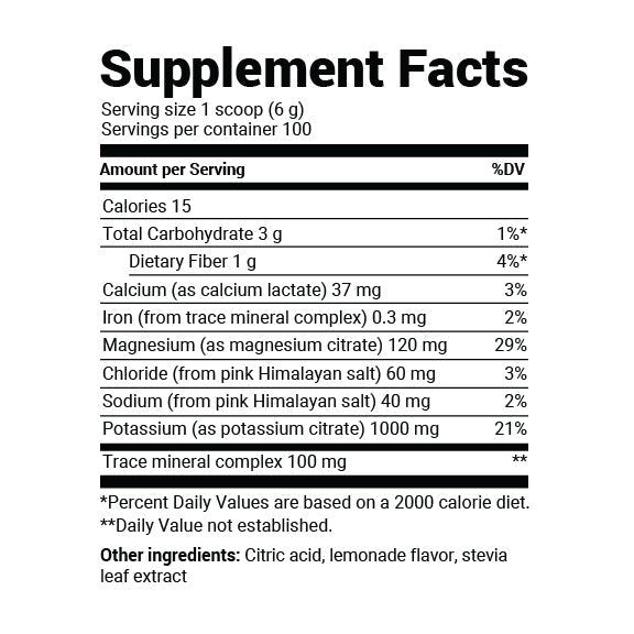 Close-up view of the 100-serving lemonade Electrolyte Powder supplement facts label.