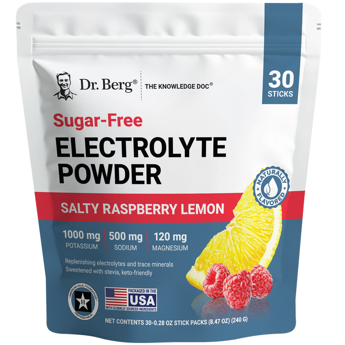 Sugar-Free Electrolyte Powder Salty Raspberry Lemon, 30 stick packs, front view of bag, Dr. Berg branding.