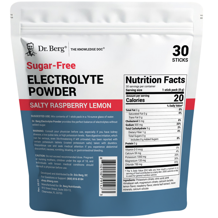 Sugar-Free Electrolyte Powder Salty Raspberry Lemon, back view of label showing nutrition facts, suggested use instructions, and safety warnings.