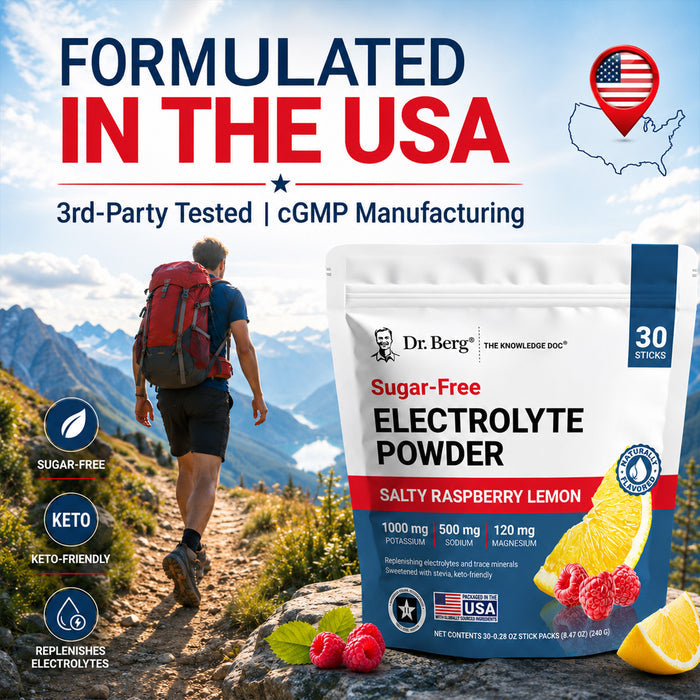 “Formulated in the USA” graphic for Dr. Berg Sugar-Free Electrolyte Powder in Salty Raspberry Lemon, highlighting sugar-free, keto-friendly, replenishes electrolytes, third-party tested, and cGMP manufacturing claims, with a hiker on a mountain trail in the background.