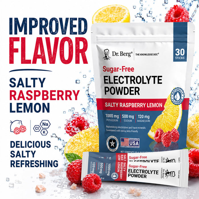 “Improved Flavor” graphic for Dr. Berg Electrolyte Powder in Salty Raspberry Lemon, highlighting a salty, refreshing, and delicious flavor, with single-serve sticks, raspberries, lemons, and water splash graphics.