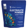 Electrolyte Powder Variety Pack, 28 sticks, front view of bag with Dr. Berg branding and 7 flavor packs on the cover.