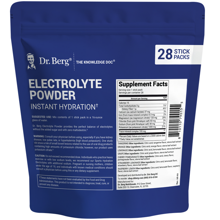 Electrolyte Powder Variety Pack, back view of label showing supplement facts, suggested use instructions, and safety warnings.