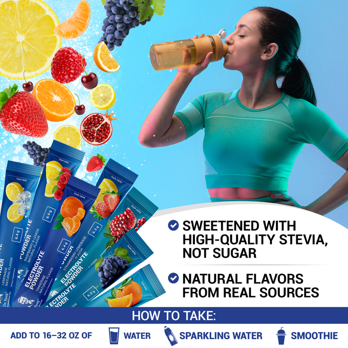 Woman drinking a beverage next to colorful fruit graphics and product packaging that includes instructions on how to take the supplement.