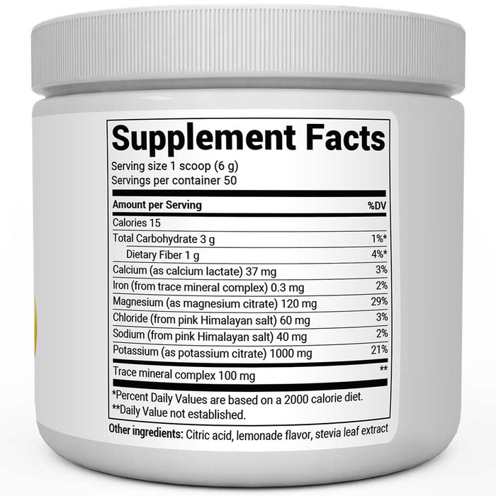Electrolyte Powder, Lemonade Flavor 50 Servings bottle label, right side view, supplement facts.