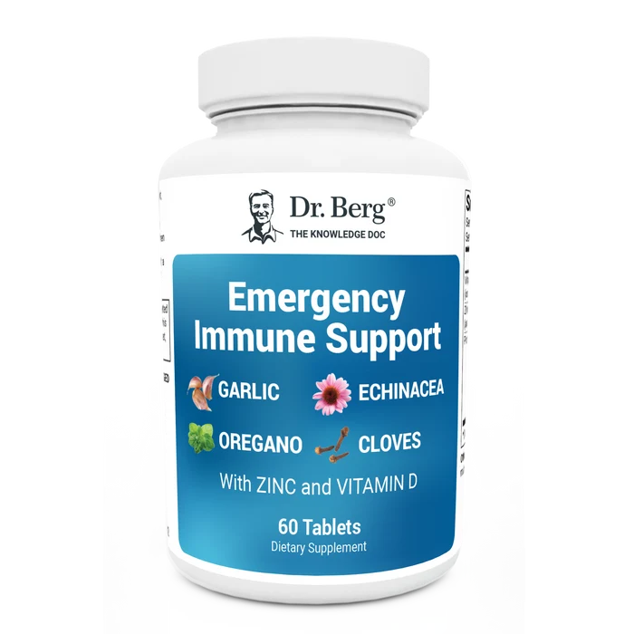 Emergency Immune Support: Garlic, Echinacea, Oregano, Cloves with Zinc and Vitamin D, 60 Tablets, front view, bottle with Dr. Berg branding.