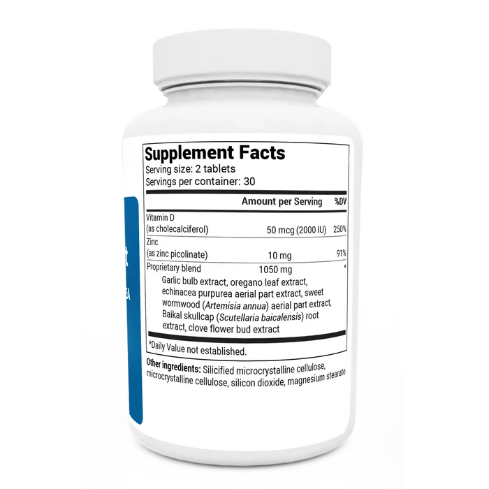 Emergency Immune Support bottle label, right side view, supplement facts.