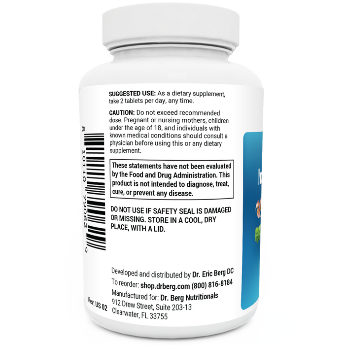 Emergency Immune Support bottle label, left side view, suggested use instructions, safety warning details.