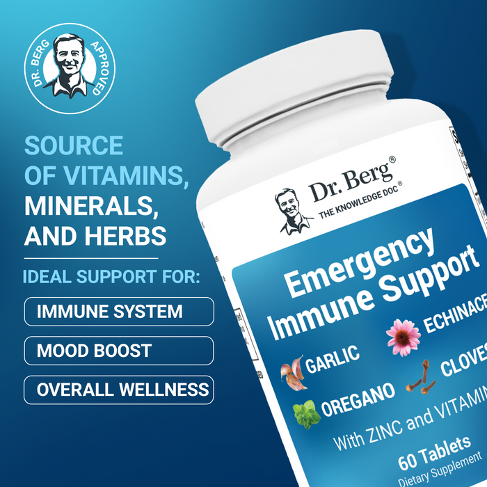 Dr. Berg Emergency Immune Support supplement bottle with text: 'Source of vitamins, minerals, and herbs. Ideal support for immune system, mood boost, and overall wellness.'