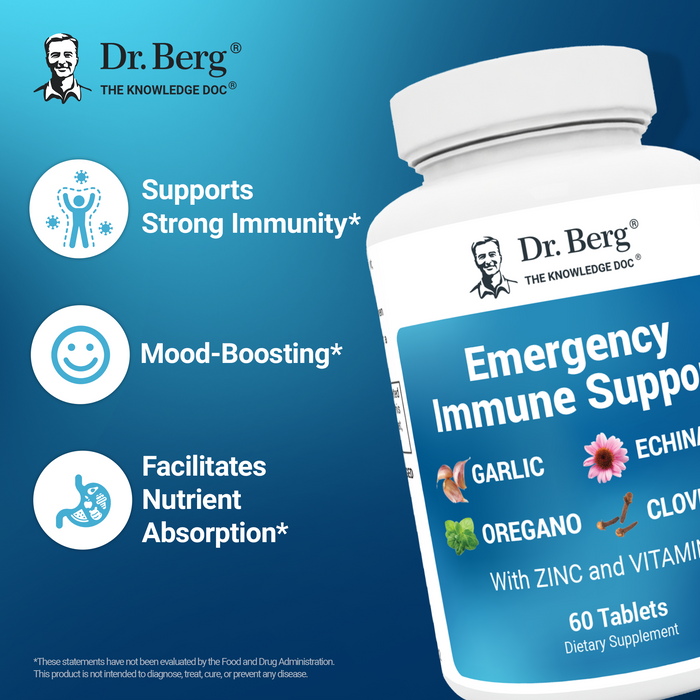 Dr. Berg Emergency Immune Support supplement bottle with text highlighting benefits: support strong immunity, mood-boosting, and facilitates nutrient absorption.