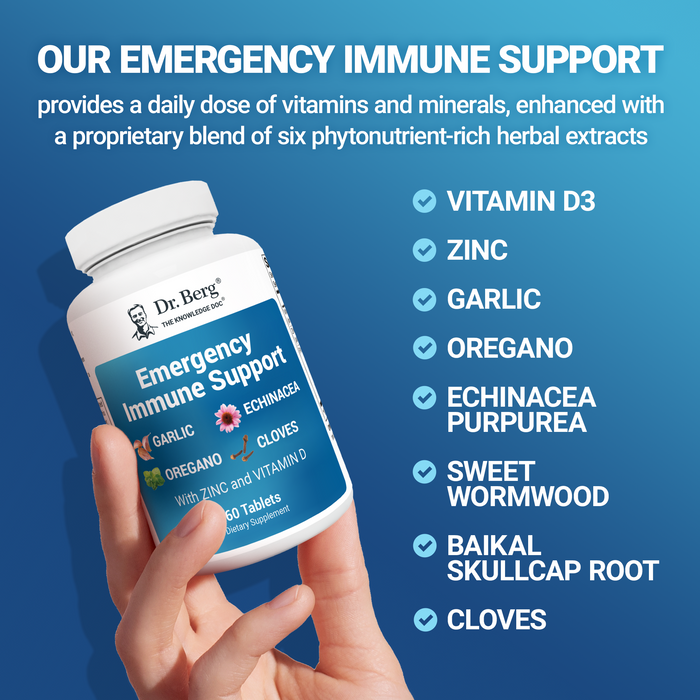 Ingredients list for Dr. Berg's Emergency Immune Support, featuring daily vitamins, minerals, and a proprietary blend of six herbal extracts.