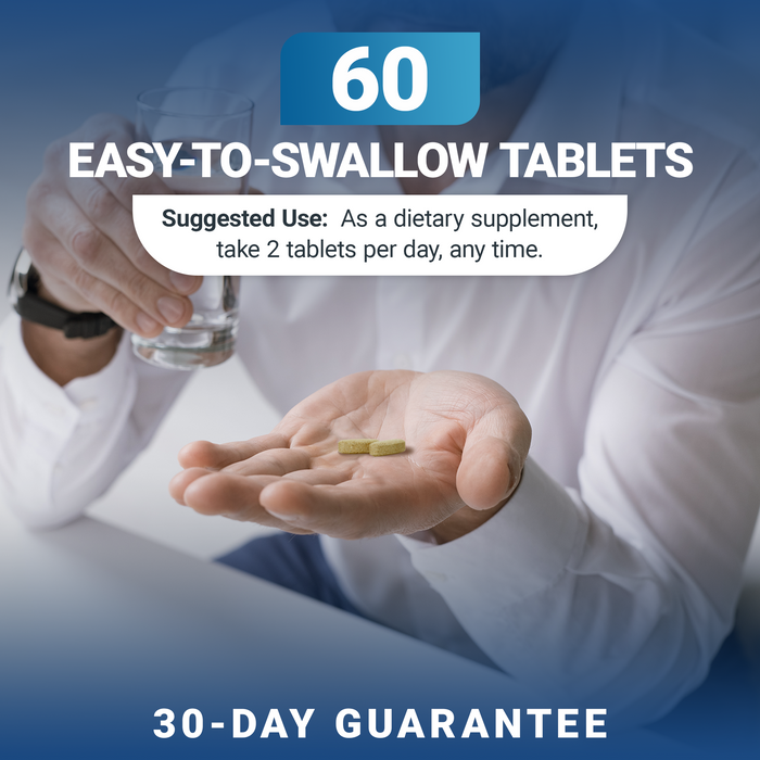 Person holding two easy-to-swallow tablets with text: '60 easy-to-swallow tablets. Take 2 daily  any time as a dietary supplement. 30-day guarantee'.