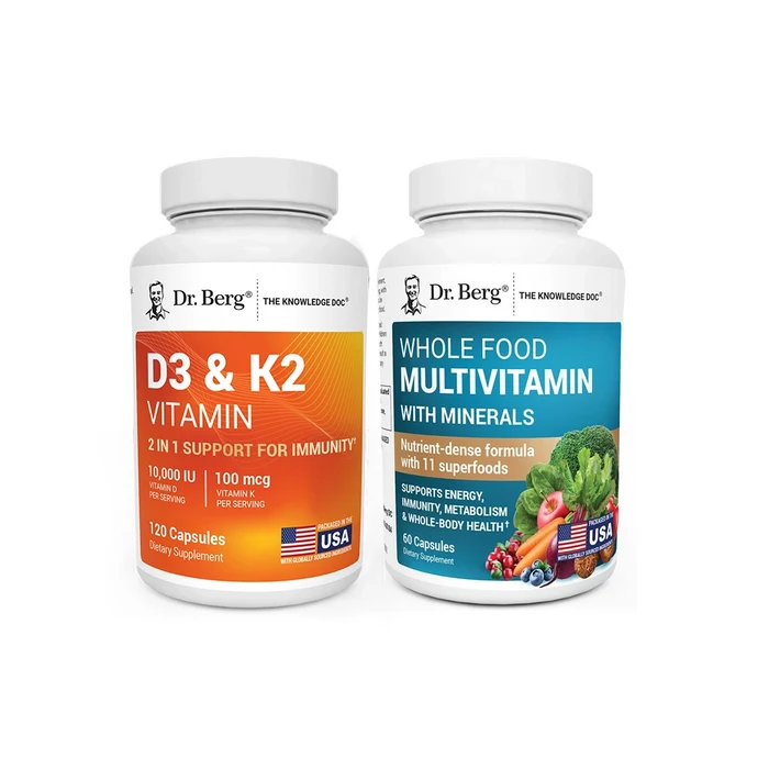 Two bottles of Dr. Berg vitamins on a white background