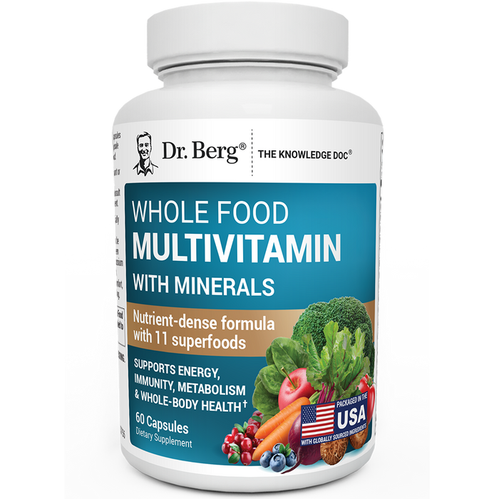 Whole Food Multivitamin with Minerals, 60 capsules, front view, bottle with Dr. Berg branding, vegetables and fruits on the cover.