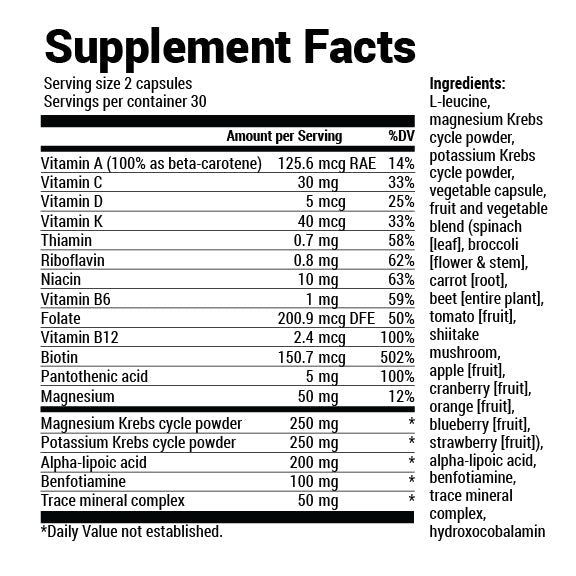 Close-up view of Whole Food Multivitamin supplement facts label.