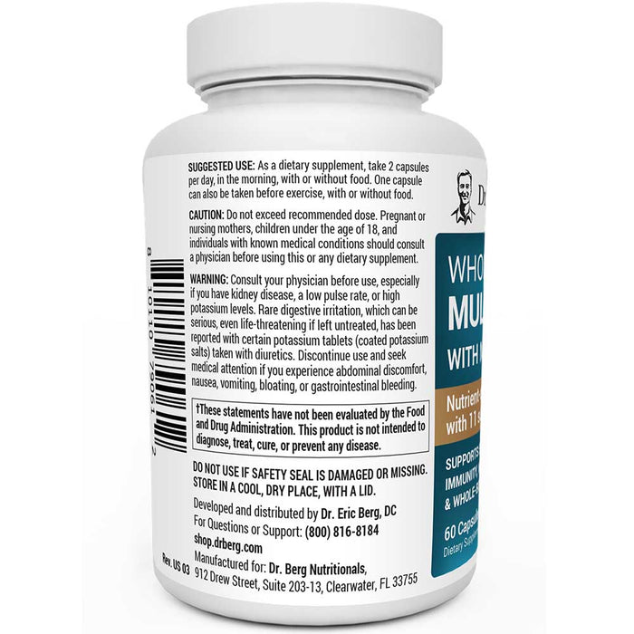 Whole Food Multivitamin bottle label, left side view, suggested use instructions, safety warning details.