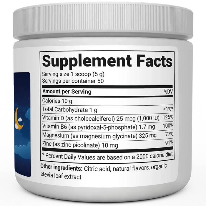 Magnesium Powder bottle label, right side view, supplement facts.