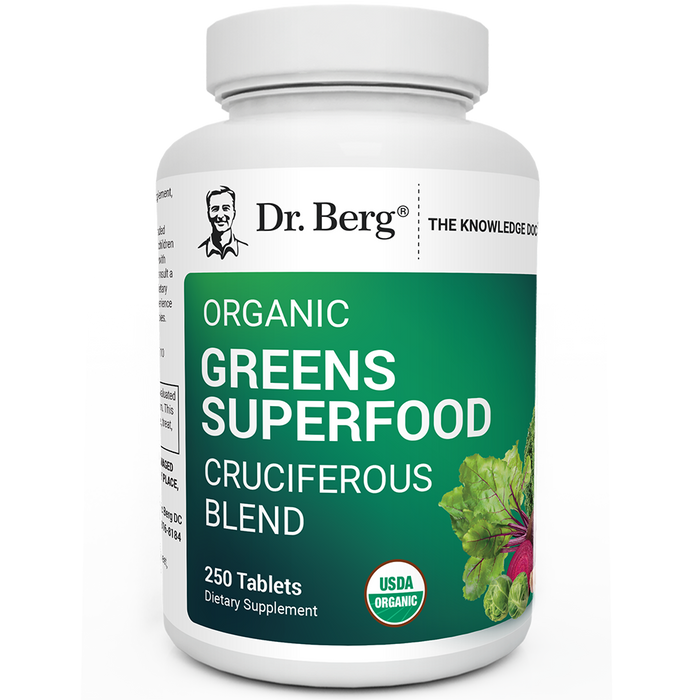 Organic Greens Superfood Cruciferous Blend, 250 tablets, front view, bottle with Dr. Berg branding and vegetables on the cover.