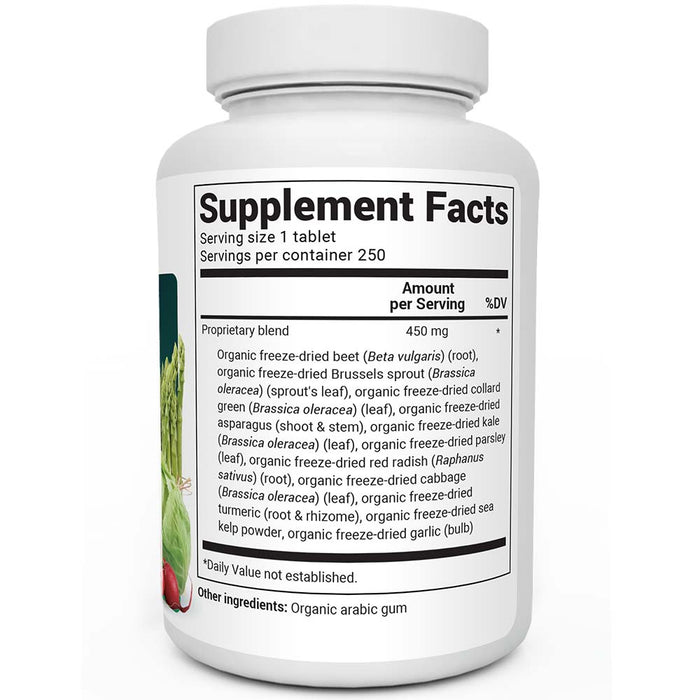 Organic Greens Superfood bottle label, 250 tablets, right side view, supplement facts.