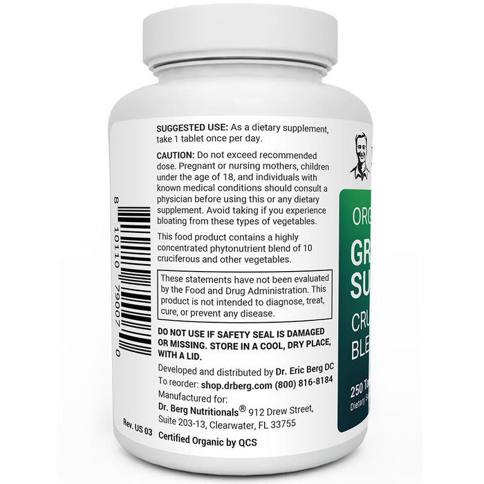 Organic Greens Superfood bottle label, 250 tablets, left side view, suggested use instructions, safety warning details.