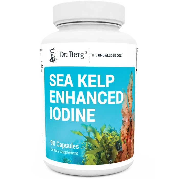 Sea Kelp Enhanced Iodine, 90 capsules, front view, bottle with Dr. Berg branding and seaweeds on the cover.