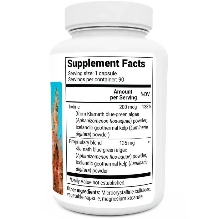 Sea Kelp Enhanced Iodine bottle label, right side view, supplement facts.