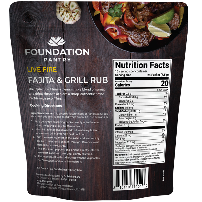 Foundation Pantry Live Fire Fajita and Grill Rub back of package showing nutrition facts, cooking directions, and product information with a small image of the meat dish and vegetables.