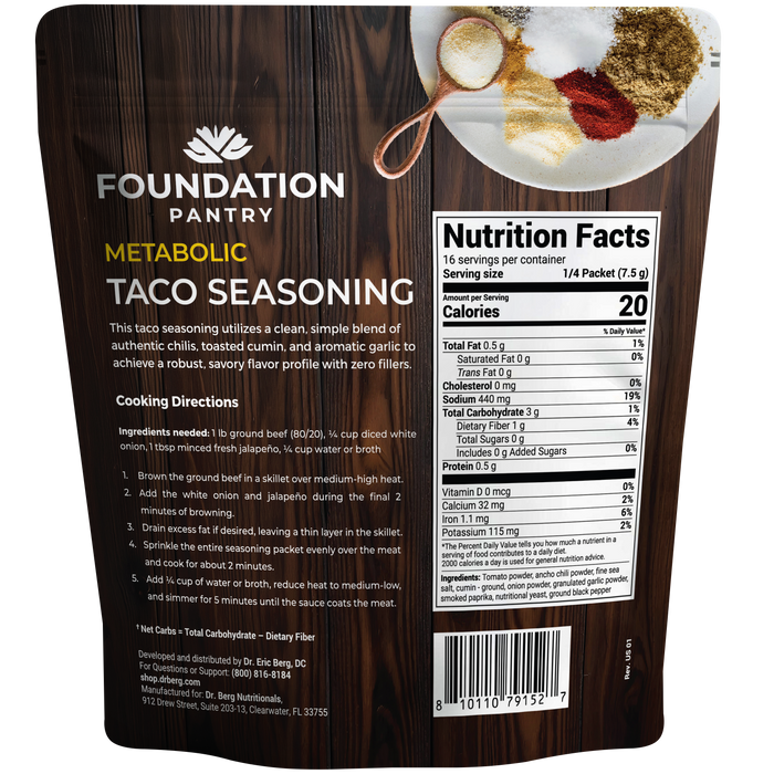 Foundation Pantry Metabolic Taco Seasoning back of package showing nutrition facts, cooking directions, and product information with a small image of the spice blend.