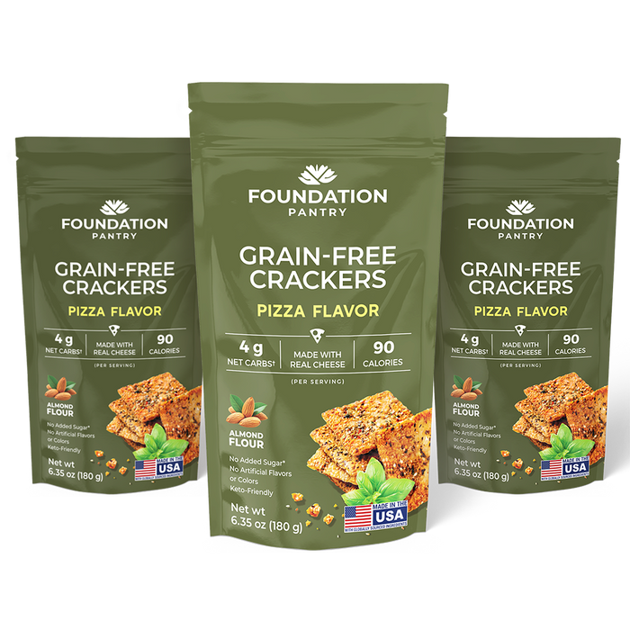Three packages of Foundation Pantry Grain-Free Crackers Pizza Flavor.