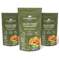 Three packages of Foundation Pantry Grain-Free Crackers Pizza Flavor.