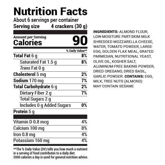 Close-up of Nutrition Facts label for Grain-Free Crackers Pizza Flavor showing serving size, calories, and ingredient list.
