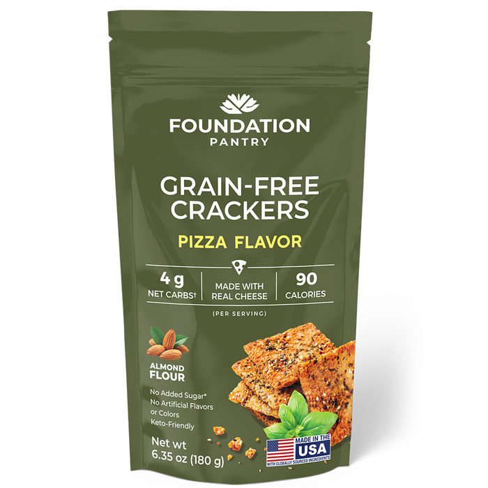 Bag of Grain-Free Crackers, Pizza Flavor, with crackers pictured on the front and Foundation Pantry logo, made in the USA.